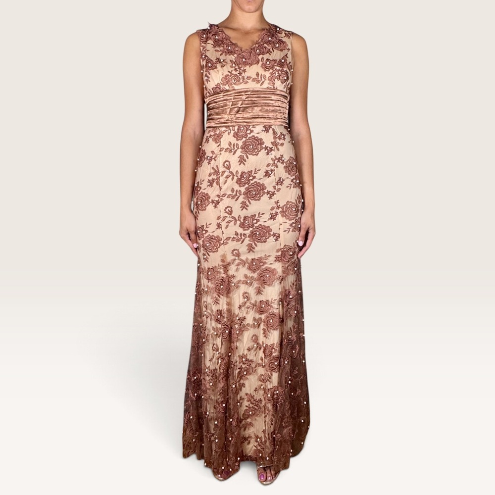 Brown Floral Lace Pearl Mermaid Evening Gown US 4 Ethereal Royalcore NWOT